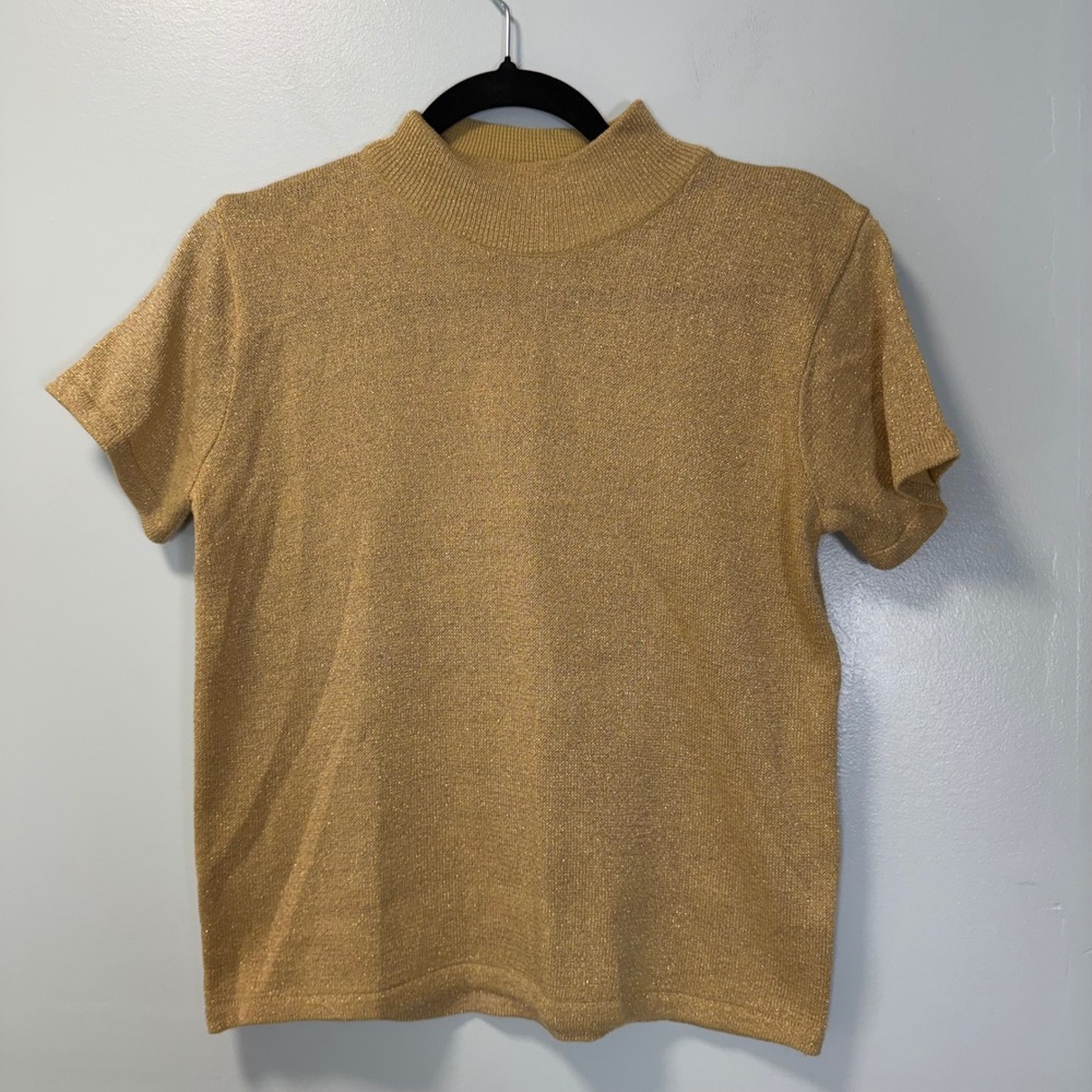 Joan Leslie Vintage‎ Gold Metallic Knit Mock Neck Short Sleeve Top Petite